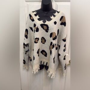 Anthropologie Entro Leopard Sweater V Neck Size Large Heavy Knit Distressed Hem